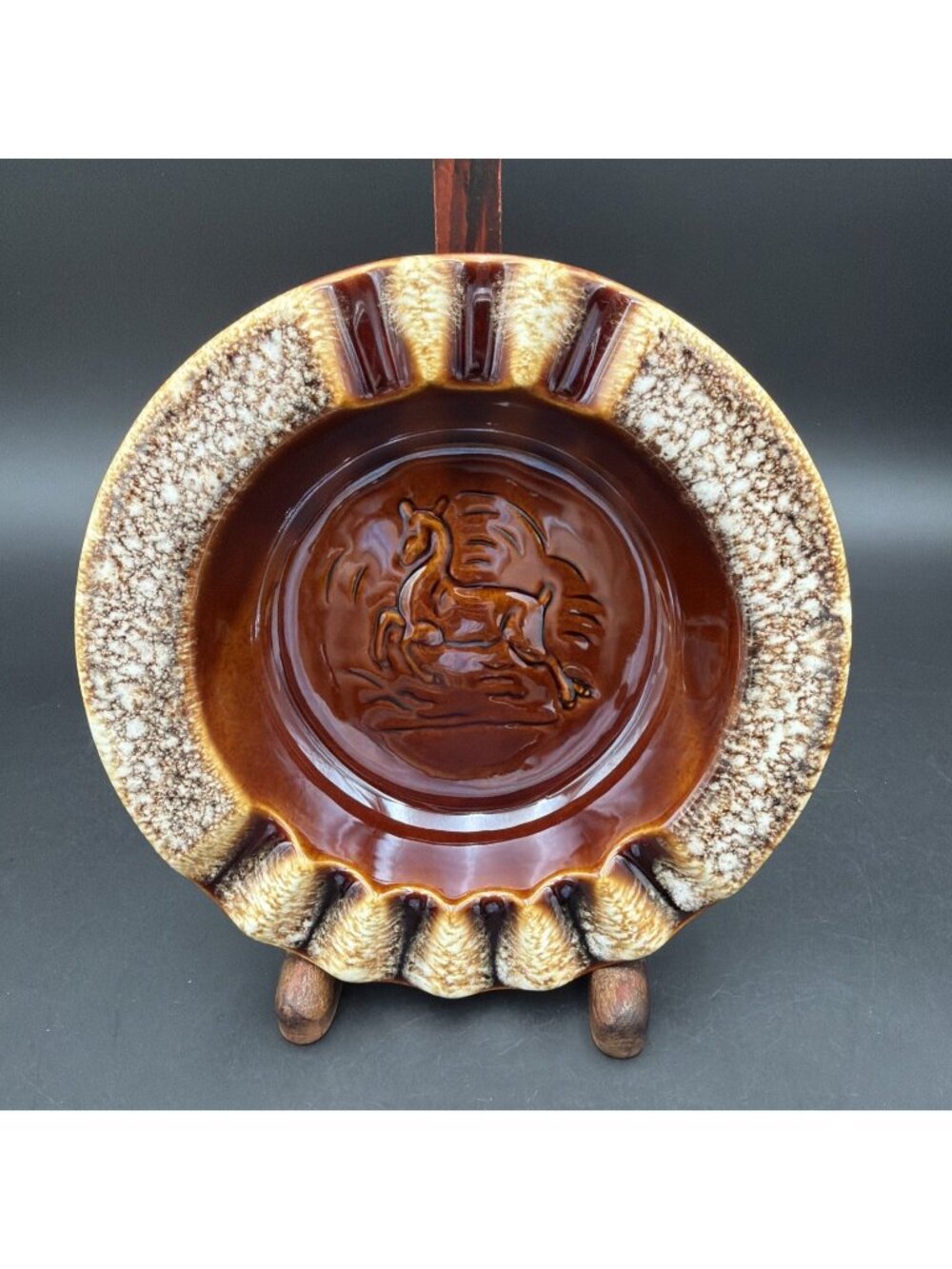 Hull USA Brown Drip Glaze Pottery Ashtray VTG Trinket Dish Leaping Deer 8" -B